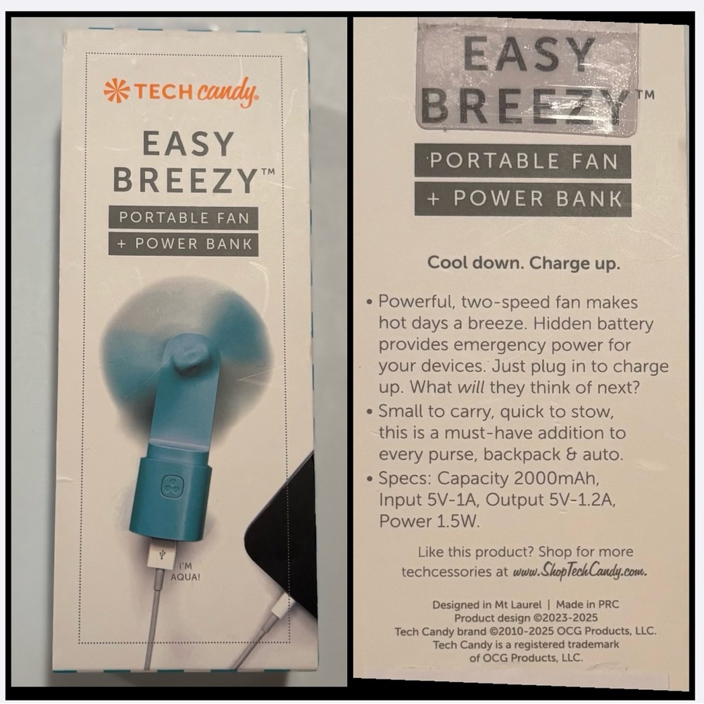Tech Candy portable fan and power bank all-in-one / travel / NEW in sealed box